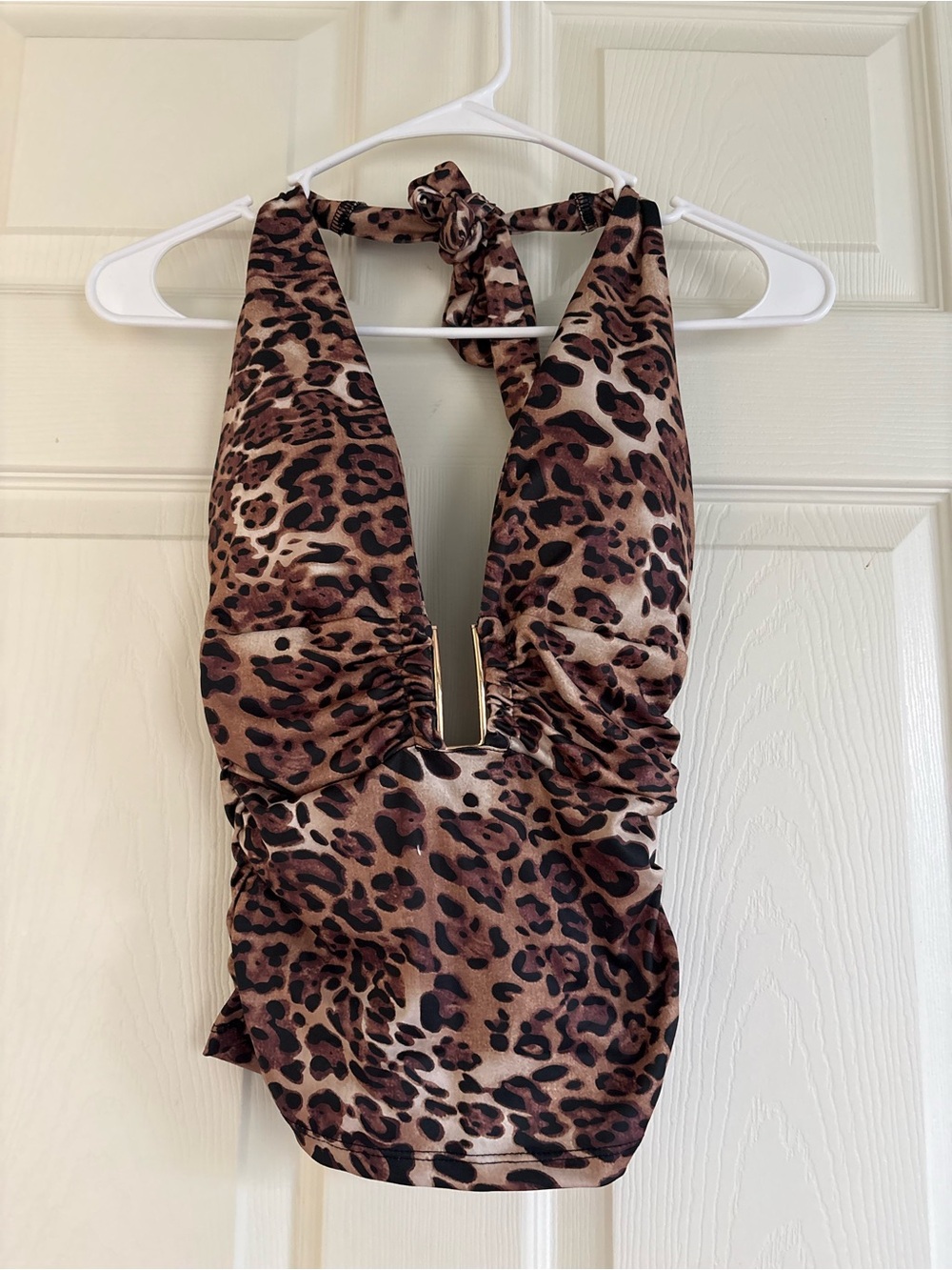 SHEIN Brown Leopard Halter Camisole with Gold Accent
